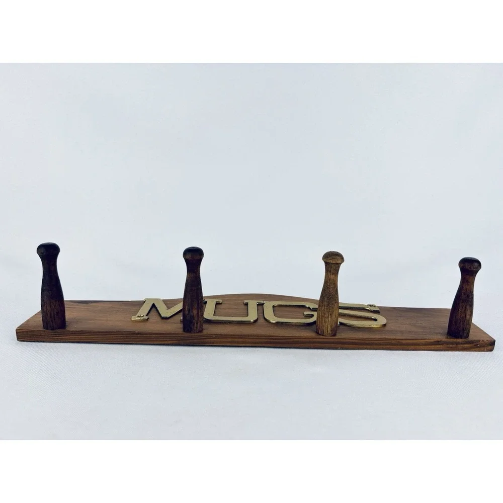 Vintage Cottage Granny Core Maximalist KMART Wood Brass Coffee Cup Mug Peg Rack